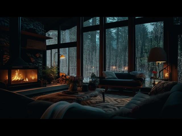 Cozy Ambience  Relaxing in Living Room with Crackling Fireplace and Rain Sounds ASMR for 10 Hours