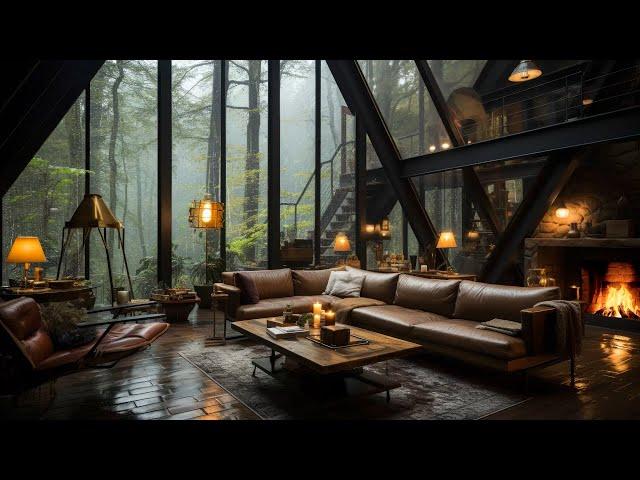 Smooth Jazz Instrumental Music - Cozy Attic House in Rainforest Ambience & Rain, Fireplace Sounds️