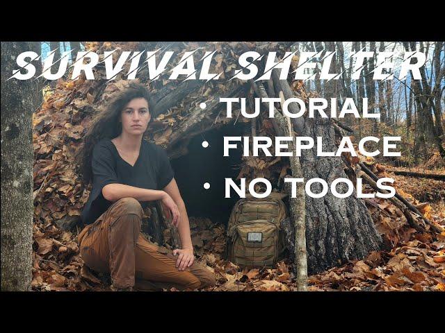 Building a Survival Shelter with a FIREPLACE, NO TOOLS•Overnight in the Woods•Full Tutorial