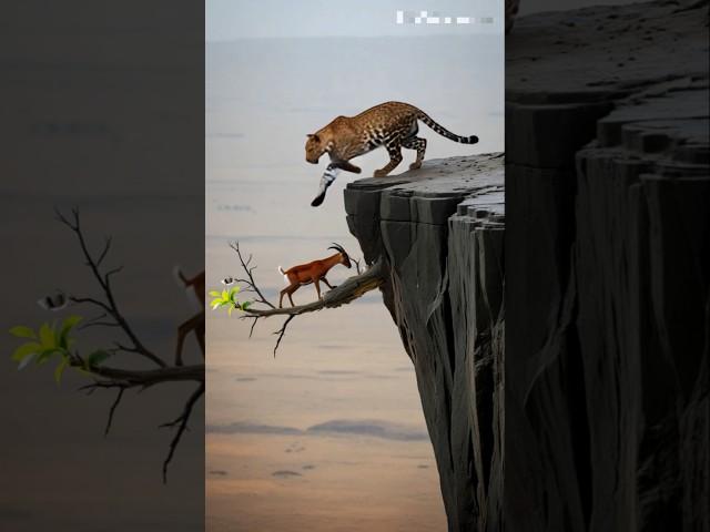  Leopard vs Deer: Heart-Stopping Cliff Showdown!️ 표범 대 사슴: 심장이 멎을 듯한 대결! #shorts #goat #leopard
