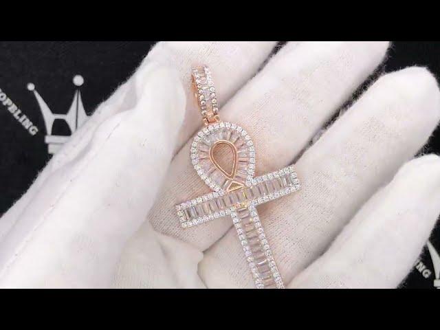 .925 Sterling Silver Rose Ankh Baguette CZ Iced Out Pendant | Hip Hop Bling | Egyptian Cross