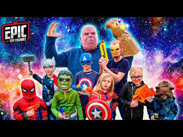 Nerf War: Avengers Hero Kids Battle Thanos - Pretend Play