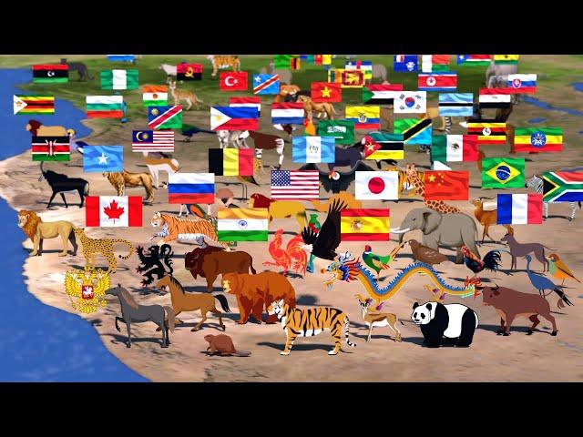 National Animals Comparison: with Country Flags and Geographic Maps