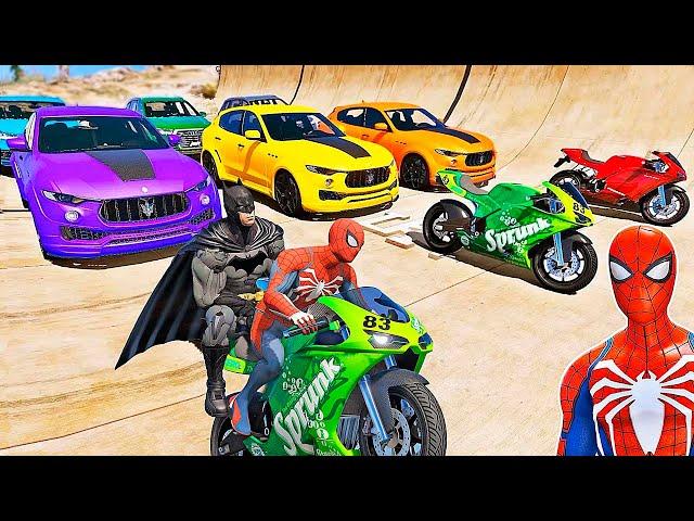 CARROS e MOTOS com HOMEM ARANHA e SUPER HERÓIS! Desafio de Super Carros e MOTOS na Rampa - IR GAMES