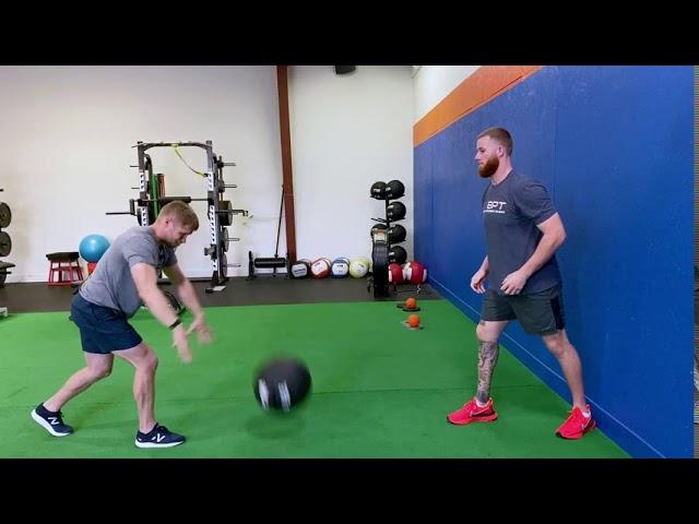 Split Stance Partner Overhead Med Ball Catch to Stomp