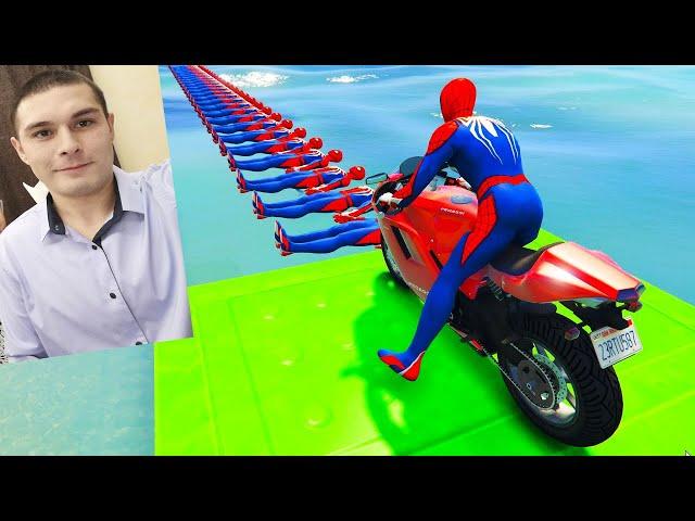 Superheroes on a motorcycle ride over the sea along the Spider-Man Bridge GTA 5