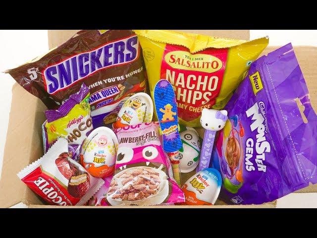 Box Of Candies Kinder Joy, snickers, snacks, chips, monster gems and other candies