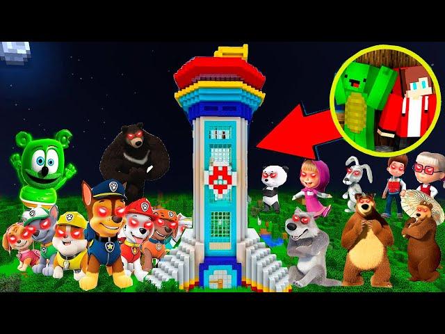 MASHA and The BEAR and Gummy Bear vs Paw Patrol House jj and mikey challenge in Minecraft - Maizen