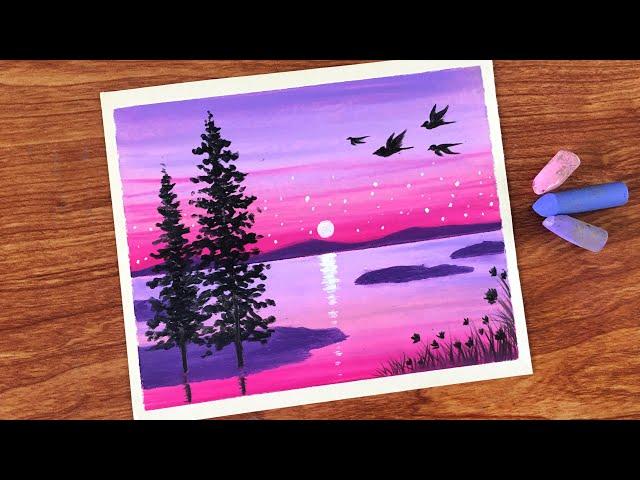 Oil Pastel Violet Sunset Scene Painting for beginners | Oil Pastel Drawing