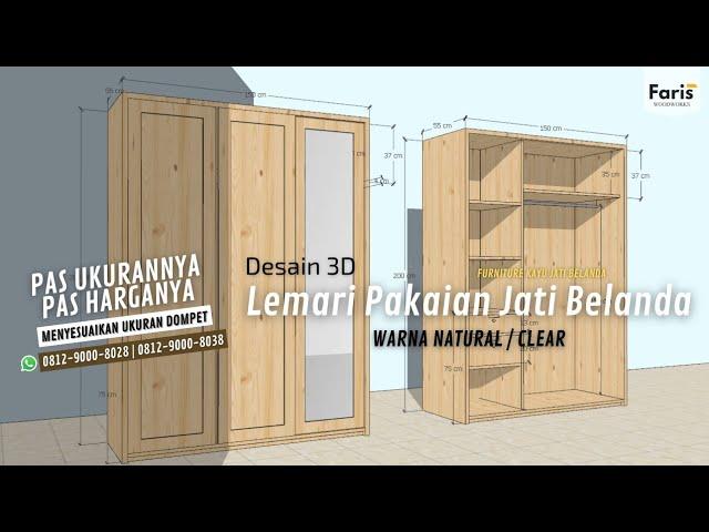 Desain 3D Simple | Lemari Pakaian 3 Pintu Sliding | Jati Belanda #Fariswooden