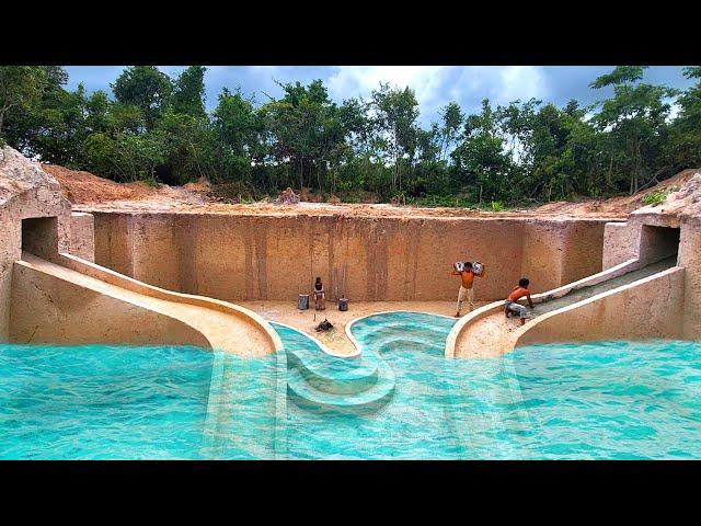 Summer Living 185Days in 1M Dollars Underground House Building Water Slide into Giant Swimming Pool