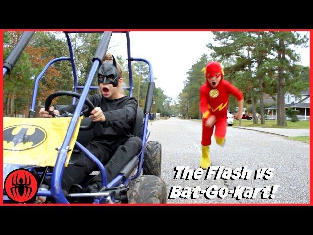 The Flash vs Batman GO KART BATTLE Race Car Edition superhero real life movie comic SuperHero Kids