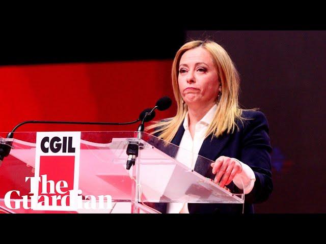 Giorgia Meloni greeted with anti-fascist song Bella Ciao at convention