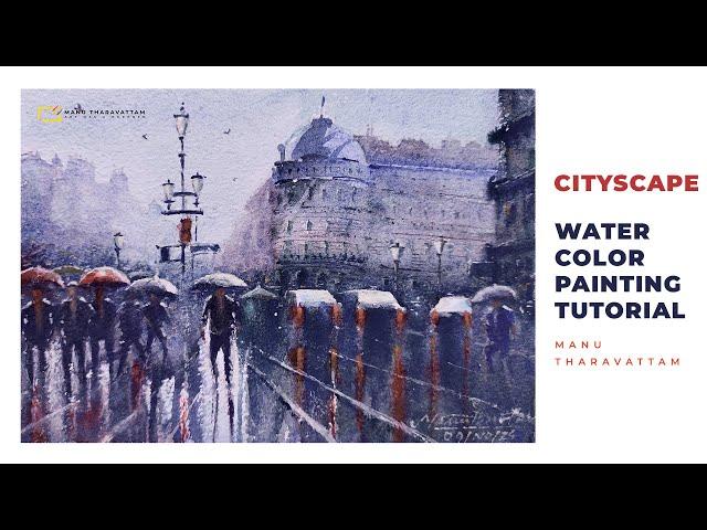 How to paint a cityscape in watercolor - tutorial by Manu Tharavattam