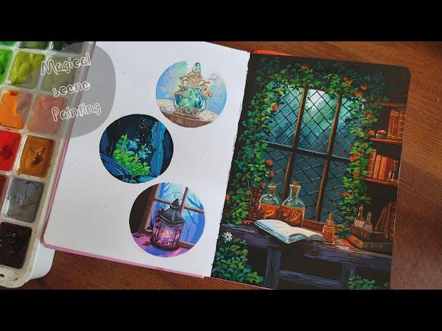  Painting Magical Scene Jelly gouache | mini magical Swatches | ASMR Unboxing of Gouache colors