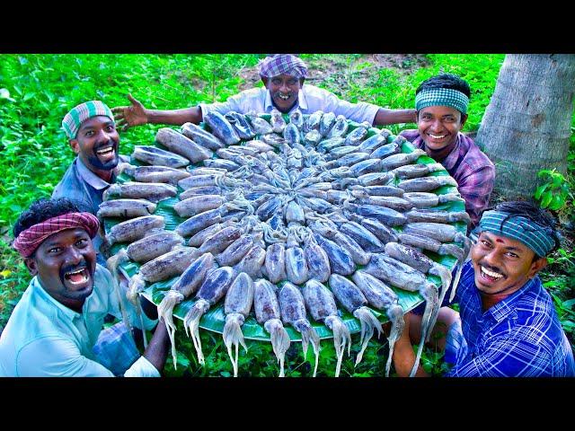 SQUID FISH FRY | Delicious Seafood Recipe Cooking and Eating in Village | Tawa Fried Calamari Recipe