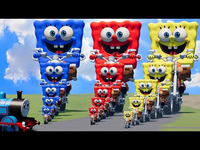 Big & Small: SpongeBob vs Red SpongeBob vs Blue SpongeBob on a motorcycle vs Trains | BeamNG.Drive