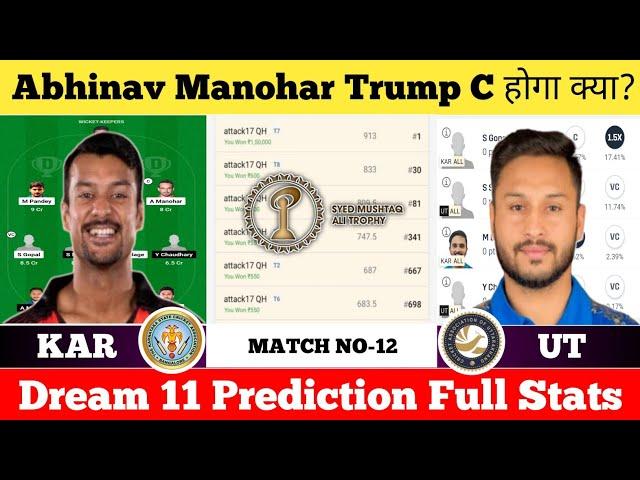 KAR vs UT Dream11 Prediction|KAR vs UT Dream11|KAR vs UT|Syed Mushtaq Ali Trophy 12th Match|