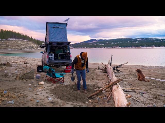 Winter Truck Camping on a Beach in Montana