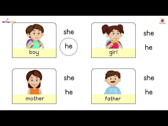 ‘he’ / ‘she’ - 1 & 2 | Springboard SR KG Words & Sentences Part - 1 | Periwinkle