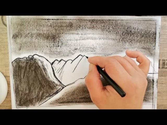 Mountains Landscape Drawing with Charcoal Stick and Pencil / Easy Pencil Drawing Landscape Simple