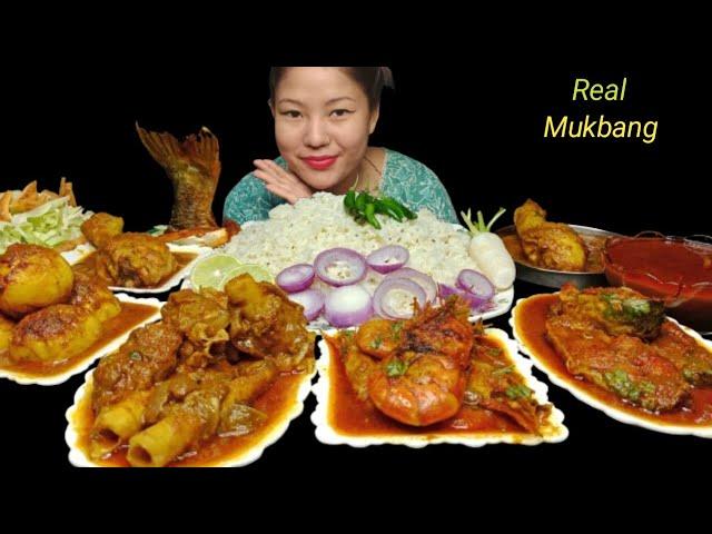 ASMR EATING SPICY MUTTON CURRY, PRAWN CURRY, CHICKEN CURRY, FISH CURRY, EGG MASALA CURRY WITH RICE