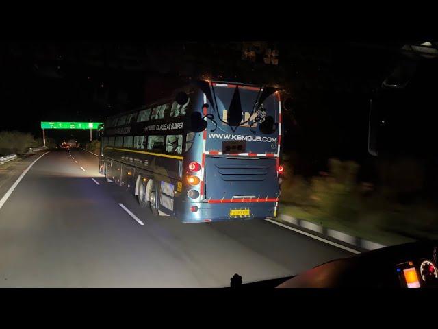 SCANIA MULTIAXLE CHASING VOLVO B11R at full speed 120 kmph dangerous overtaking skilled driving