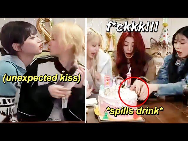 Chaewon kissing Eunchae, Kazuha spilling Yunjin's drink (Sakura's Birthday LIVE)