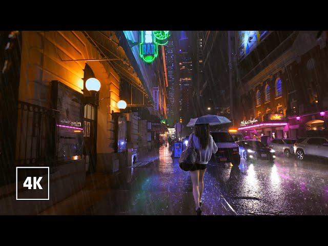 Walking in Heavy Thunderstorm at Night in NEW YORK (Umbrella Binaural 3D Rain Sounds) ASMR 4K