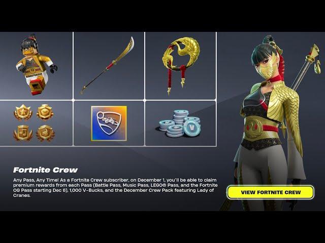 FORTNITE: **DECEMBER CREW PACK REVEALED LADY OF CRANES W/ SELECTABLE STYLES **