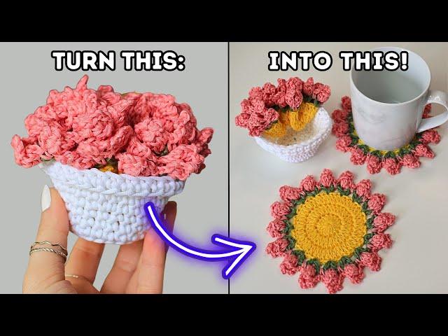 Crochet Flower Coasters and Pot Tutorial | Tulip Coaster with Pot  Brunaticality Crochet