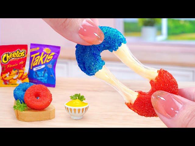 Takis Vs Cheetos Challenge  Miniature Fried Blue Takis Mozzarella Donut Recipe Tina Mini Cooking