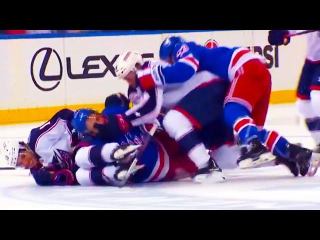 Vincent Trocheck Open Ice Hit on Johnny Gaudreau HUGE FIGHT (FULL CLIP)   Rangers vs Blue Jackets