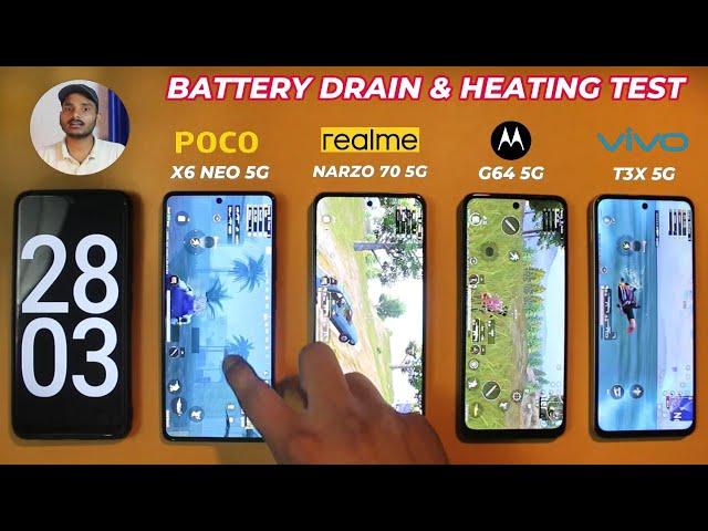 Poco X6 Neo 5g vs Realme Narzo 70 5g vs Moto G64 5g vs Vivo T3x 5g : Battery Test.