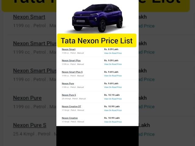 Tata Nexon Price List #tata #tatanexon #tatanexonprice #carprice #car