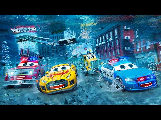 Hero Cars Tackle Massive Tsunami Chaos! Police Car & Fire Truck Rescue Operation in City Destruction