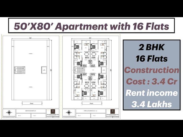 50'X80' Apartment Plan with 16 Flats | 4000 Sqft Design with good rental income