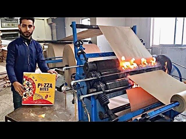 Mass production of corrugated box for pizza in a Local Factory Using Paper Rolls
