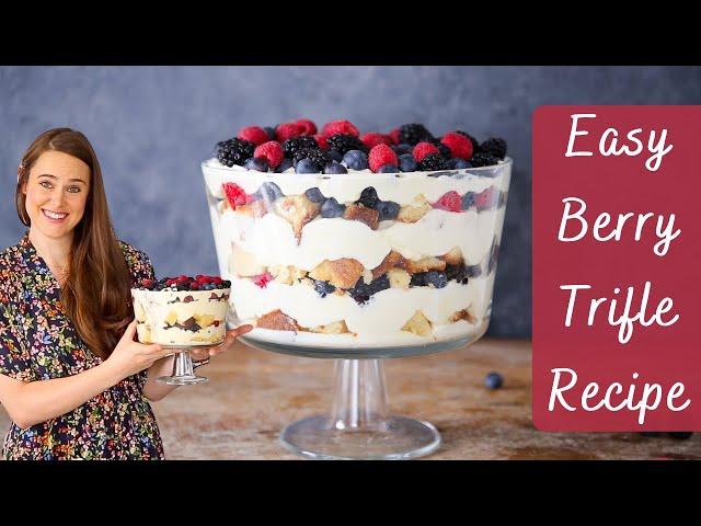 EASY BERRY TRIFLE RECIPE: Trifle with layers of vanilla pound cake and fresh summer berries!