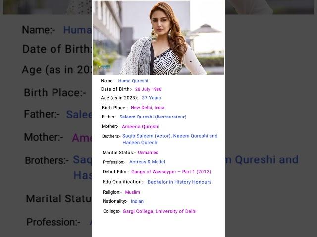 Beautiful Actress Huma Qureshi Biography #shorts #shortvideo #youtubeshorts