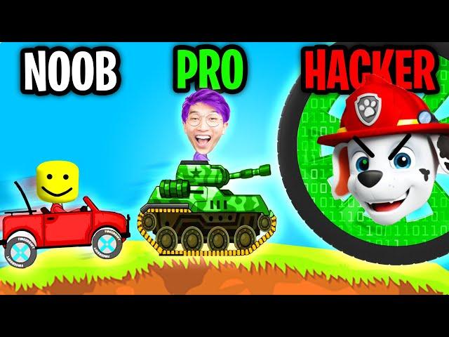 Can We Go NOOB vs PRO vs HACKER In HILL CLIMB RACING!? (MAX LEVEL ROCKET!!)