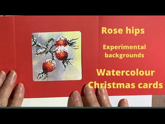 Watercolour Christmas card ideas : experimental backgrounds and snowy rose hips.