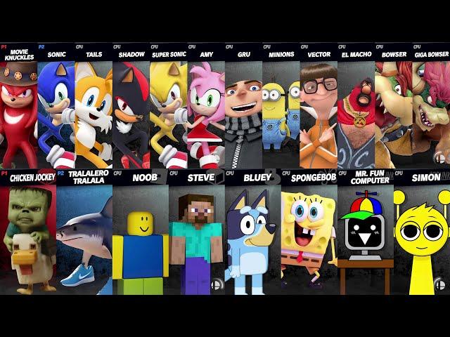 Sonic vs Mario vs Chicken Jockey vs Sprunki vs Tralalero Tralala vs Bluey| Super Smash Bros Ultimate