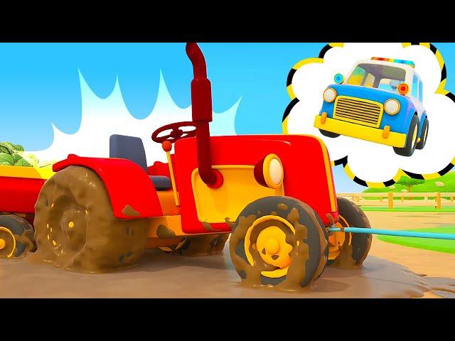 Helfer Autos Cartoon. Der Traktor bleibt im Schlamm stecken. Zeichentrickfilm für Kinder