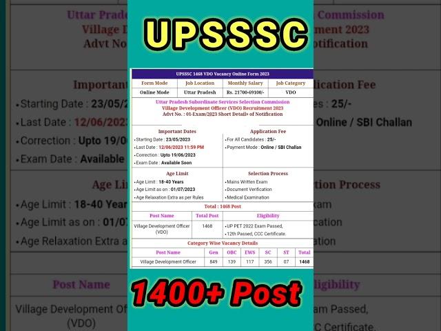 UPSSSC VDO New vacancy 2023 || UPSSSC New requirements 2023 || @srkitech. #job