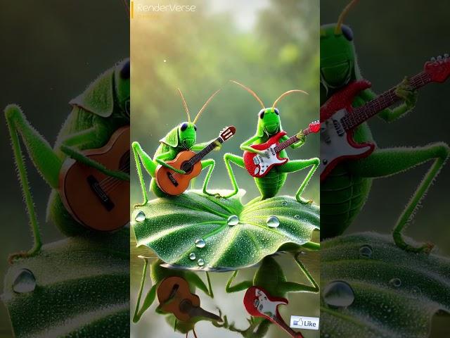 Morning Symphony Grasshoppers Strumming Guitars on Dewy Leaves  #3danimation #creativeanimation