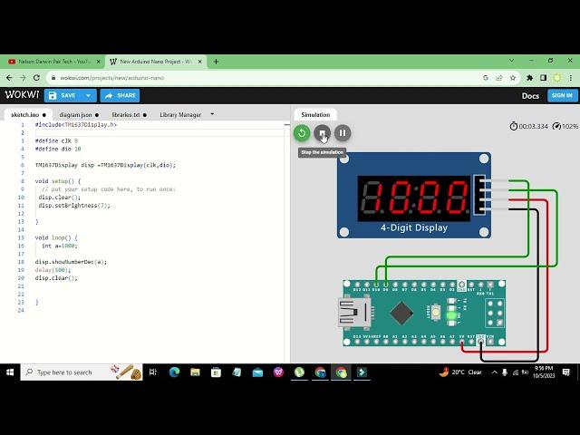 online simulation of arduino nano with 4 digits seven segment display