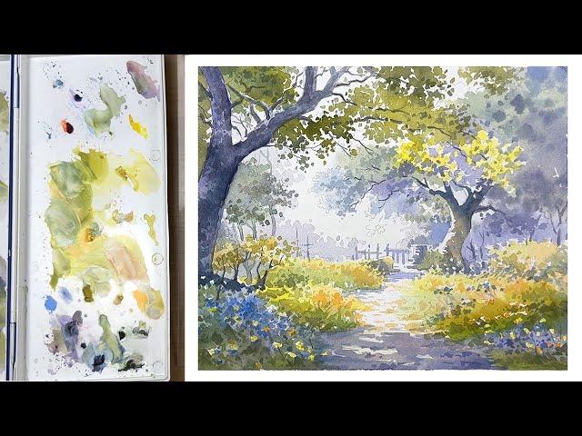 Watercolor landscape Painting - Summer road