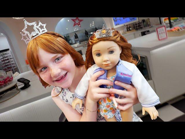 ADLEY and DOLL get TWiN MAKEOVER!!  Hair and Nail Salon for Dolls with a tea party lunch & shopping