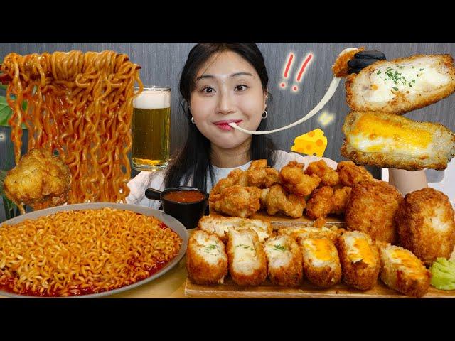 ENG) Cheese pork cutlets, Chicken and Spicy buldak noodles MUKBANG asmr real sound eating